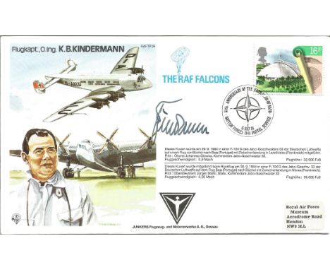 FlugKapitan K B Kindermann signed own TP 39 cover. The RAF Falcons cachet. 16p Urban Renewal Liverpool GB stamp. 35th Anniver