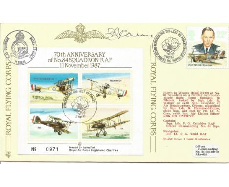 Group Captain F R Carey signed 70th Anniversary of No 84 Squadron RAF cover JSF 4. Royal Flying Corps. Mini stamp sheet Issue