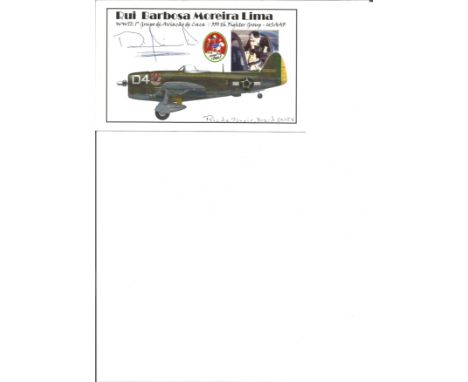 WW2 Brazilian fighter pilot Rui Barbosa Moreira Lima signed 6 x 4 inch colour postcard showing his place and inset photo. Goo