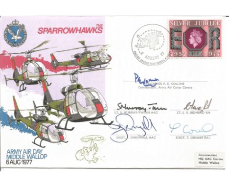 5 signed Army Air Day Middle Wallop, The Sparrowhawks cover. Signatures include Brigadier P E Collins, Lt S Murray Twinn, Lt 