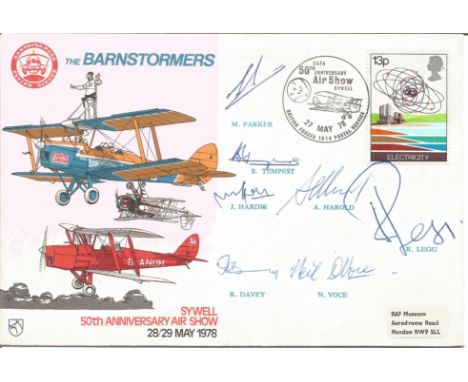 7 signed Sywell 50th Anniversary Air Show, The Barnstormers cover. Signed by M Parker, B Tempest, J Hardie, A Harold, R Legg,