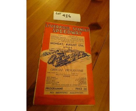 Speedway:  Programme – Liverpool Stanley v Plymouth then Belle Vue 17.8.36 r/staples good cond.
