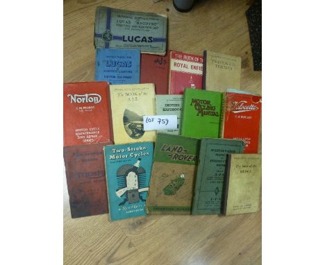 Collectables:  Vintage selection of motorcycle manuals incl Velocette, BSA, Rudge, Triumph, all around 1940’s/50’s.