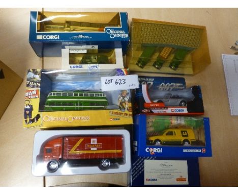 Die-cast:  2 boxes of vehicles – Box 1:  Buses/Trams etc, mostly Corgi, all boxed, Box 2:  mostly Oxford die-cast, nearly all