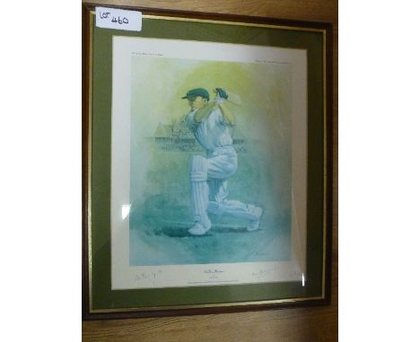 Cricket:  Framed large print by Alan Fearnley of ‘Don Bradman’ and signed by artist & subject – fine cond.  BUYER COLLECTS.