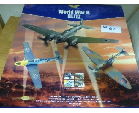 Die-cast:  Corgi Aviation – AA99127 WWII Blitz Heinkel Messerschmitt, Spitfire 1:72 fine condition large box, box has few min
