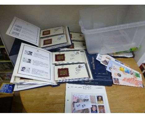 Stamps:  GB mostly box of covers, some coins covers and three albums, 22ct gold replica stamp covers 1980’s all good cond.