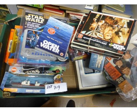 Collectables:  Banana box of various games, Star Wars incl puzzles, Matchbox K306, Stylophone, Hotwheels, typewriter, good mi