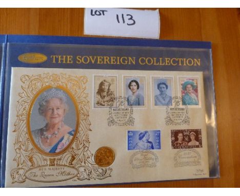 Coins:  Commemorative Limited Edition coin/stamp cover – Benham with KGV Gold Sovereign (1928) – HM The Queen Mother 1998 Cen