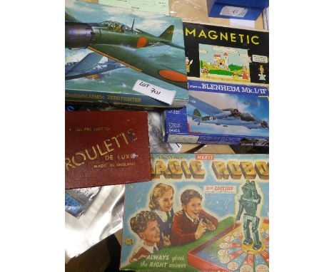 Collectables:  Games and models, magnetic play theatre, Magic Robot, Roulette and 2 models Revell Blenheim MI1/1F, A6M5c Zero