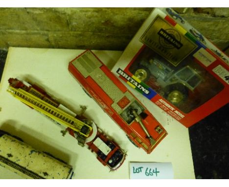 Die-cast:  Box of playworn – Dinky Foden/Corgi, fire engines – boxed Britains tractor 5892.