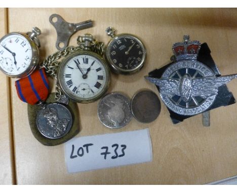 Collectables:  Civil Service Assoc Car Badge, KGV Police Coronation 1911 medal – 2 1696  coins but attached and 3 pocket watc