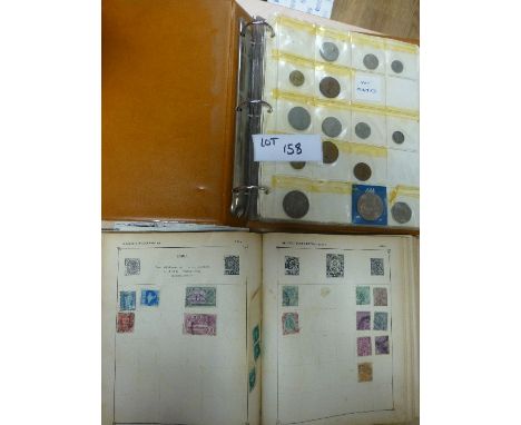 Coins/Stamps:  Coin album 1890 QV Crown of note along with coins and a few banknotes and Strand stamp album fair collection.