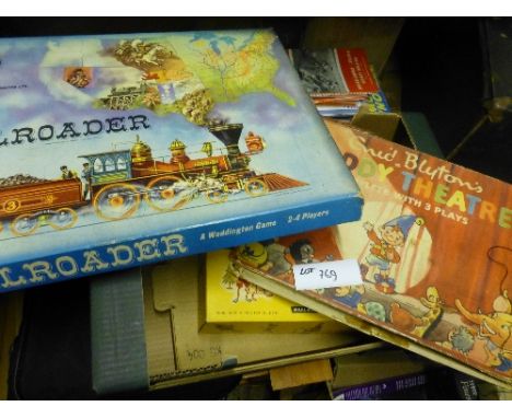 Collectables:  Box containing various games – Risk, Railroader, Noddy Theatre (box battered), 2 dolls, baby dragon-Pelham Pup