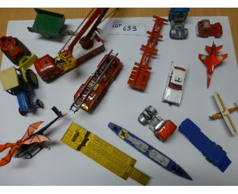 Die-cast:  Matchbox/Corgi, assortment of helicopters (one Batman), trucks, planes, ship, crane, tractor etc. all playworn and