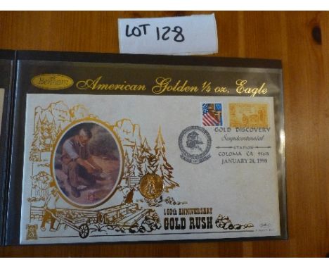 Coins:  Commemorative Limited Edition coin/stamp cover – Benham with ¼oz Gold Sovereign (1998) – USA – 150th Anniv of the Gol