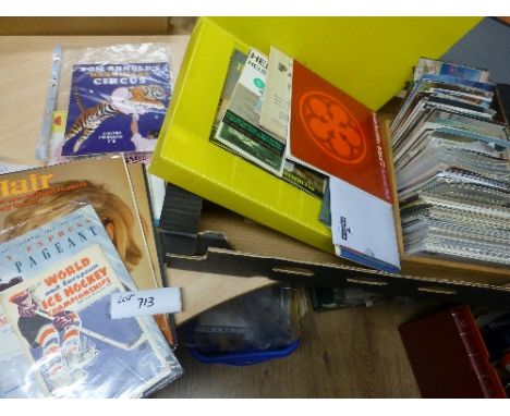 Collectables:  Large box of ephemera – modern postcards, guides, few stamps, Ice Hockey prog, Circus prog etc.