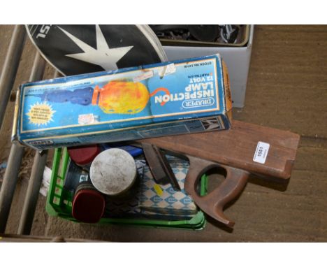A box containing Draper inspection lamp; moulding plane; and various nails etc.