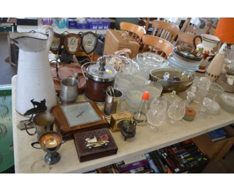 A large quantity of sundry glassware and china to include fruit bowl, storage jars, sundae dishes, paperweight, enamel jugs, 