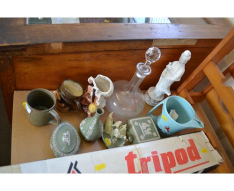 A quantity of decorative china to include Wedgwood jasper ware; decanter and stopper; Beswick character jug and a Royal Doult