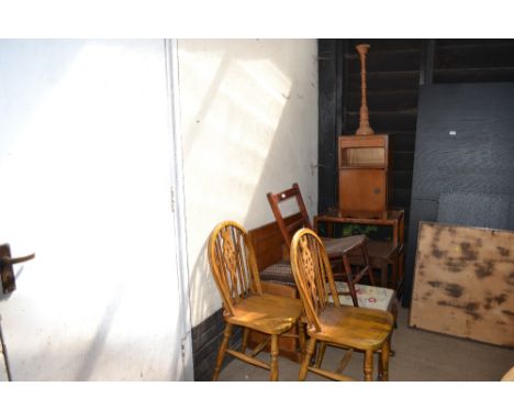 Two stick and wheel back chairs; two occasional tables; an upholstered stool; bedside cupboard; three tier tea trolley; a tur