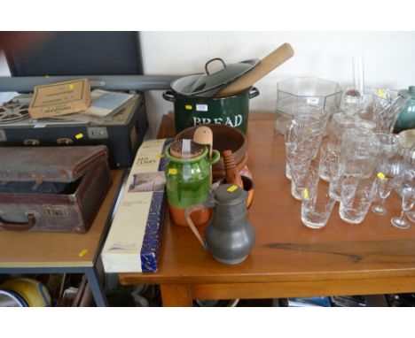 A quantity of sundry items to include an enamel bread bin; a rolling pin; wooden fruit bowls; bread canape; spot handled pewt