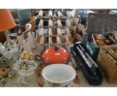 A wooden and metal wine rack; together with a Wok, Royal Worcester casserole dish lacking lid etc. 