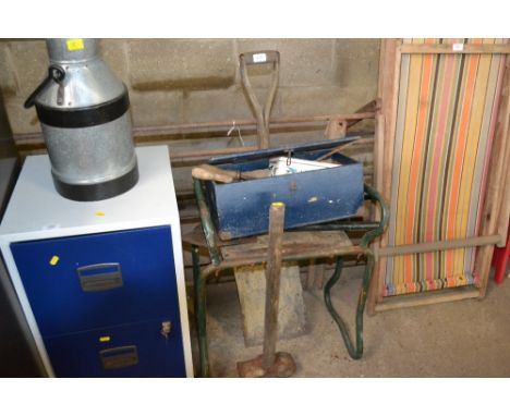 A shovel; together with a sledge hammer and a box of various hand tools 