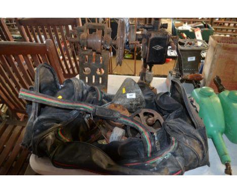 A quantity of tools in a bag; together with two drill stands