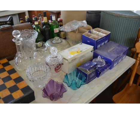 A quantity of glassware to include decanter and stopper, cut glass vase, Royal Doulton crystal drinking glasses etc.