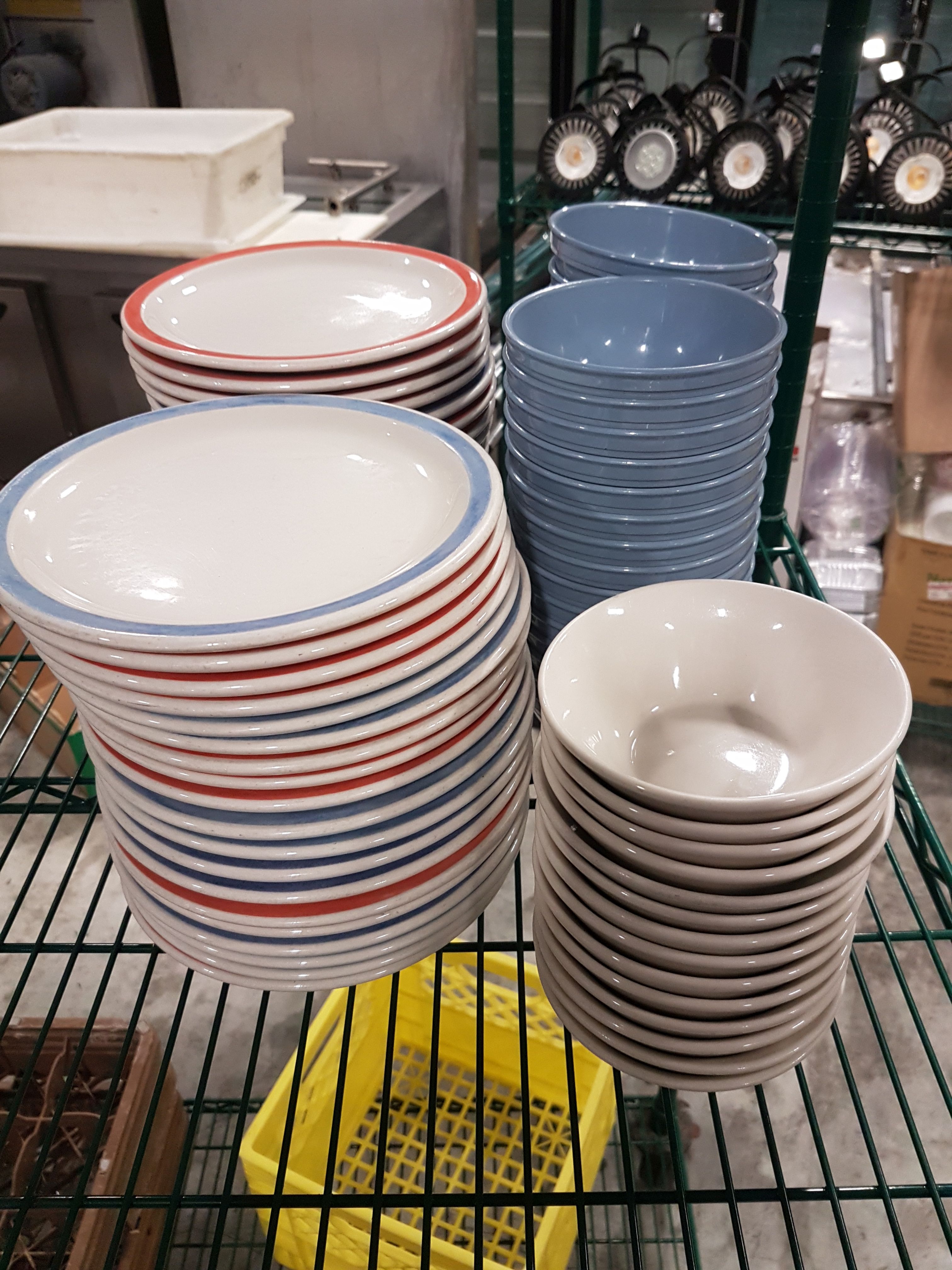 Assorted Plates & Bowls 39 x 8.25" Plates, 14 White Bowls & 30 Blue