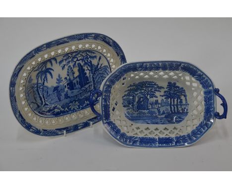 A Davenport oval reticulated chestnut basket, early 19th century, having blue transfer print decoration of a rural English la