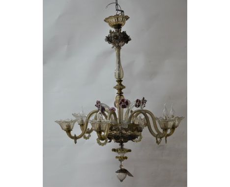 A good vintage Murano glass hanging six arm chandelier with floral and leaf decorations, approx. 100 cm high x 50 cm diameter