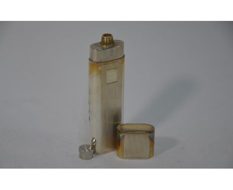 A modern silver hip flask of slender form with engine-turned decoration, William H Manton, Birmingham 1992, 4.5oz, 14 cm long