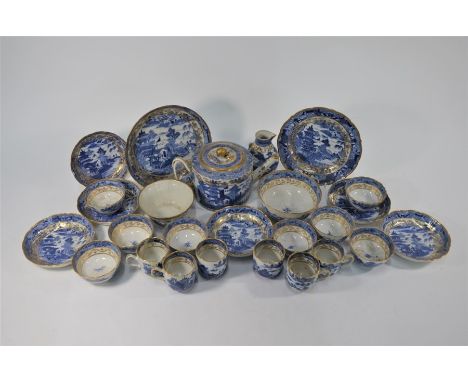 A late 18th century Chinese export blue and white part tea service, Qianlong/Jiaqing period,&nbsp; painted with pagoda landsc