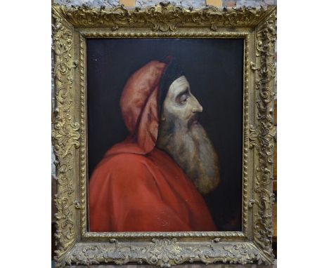 19th century Continental school - Portrait profile of a bearded gentleman in a red cloak, oil on panel, 67 x 52 cmamended con