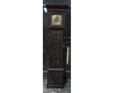 A Georgian oak longcase clock, the eight-day anchor movement with 10" square brass dial, silvered chapter-ring inscribed for 