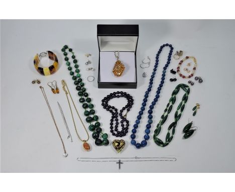 A collection of bead necklaces including malachite, amethyst, lapis etc to/w pressed amber bangle, pendant and earrings etc a