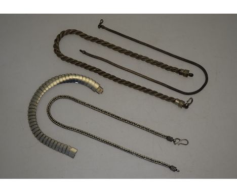 A collection of white metal items including two square box link necklaces, each 46 cm long; twisted rope necklace and an arti