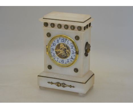 A late 19th/early 20th century gilt metal mounted alabaster mantel clock, the eight day movement signed Farcot, Paris with bl