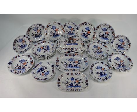 A Spode New Stone Victorian part dinner service decorated in the chinoiserie style, patt. 3679, comprising: thirteen 24 cm di