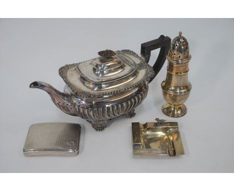 A silver sugar caster on weighted foot, London 1934,&nbsp; a heavy quality engine-turned cigarette case, Birmingham 1929 and 