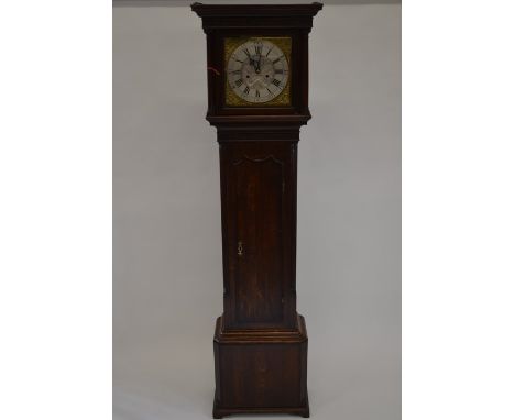 R Hackett, Harringworth, a George III eight-day mahogany cased oak longcase clock, the brass dial with silvered chapter ring 