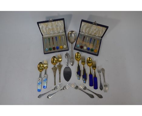 Anton Michelsen: Four pairs of sterling, gilt/parcel gilt and enamel anniversary spoons and forks 'JUL 1962, 1963, 1964 and 1