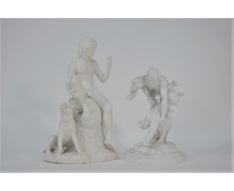 A 19th century Parian group Venus chastising Cupid, signed A Aron, 20 cm high to/w another parian group, youth with dog, stam