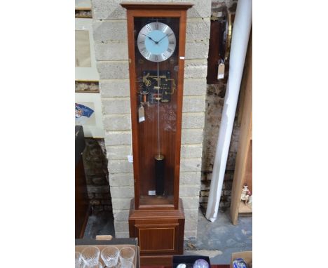 A contemporary teak cased electro-magnetic longcase clock with silvered chapter ring and tubular drop pendulum, 183 cm high&n