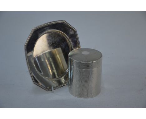 A French .950 grade silver cylindrical pot and cover with engine-turned decoration and gilt interior, stamped 'Hermes, Paris'