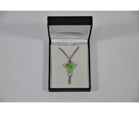 An Arts &amp; Crafts green and white guilloche enamel pendant, Birmingham 1915 maker J Aitkin &amp; Son, 4 cm longSmall damag