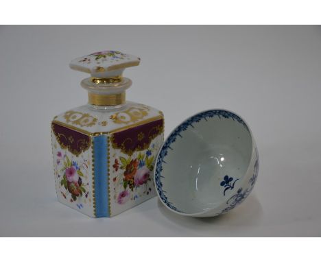 An 18th century Worcester blue and white bowl painted with flowers, foliage and a butterfly, open crescent mark to base, 10.5