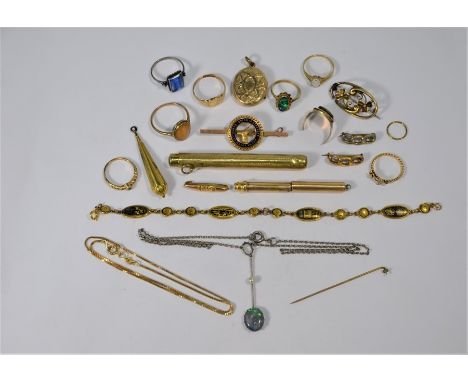 A collection of various antique and later jewellery, mostly 9ct yellow gold including four stone set rings, signet ring, doub